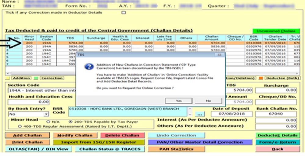 Add Challan Details for Online Correction