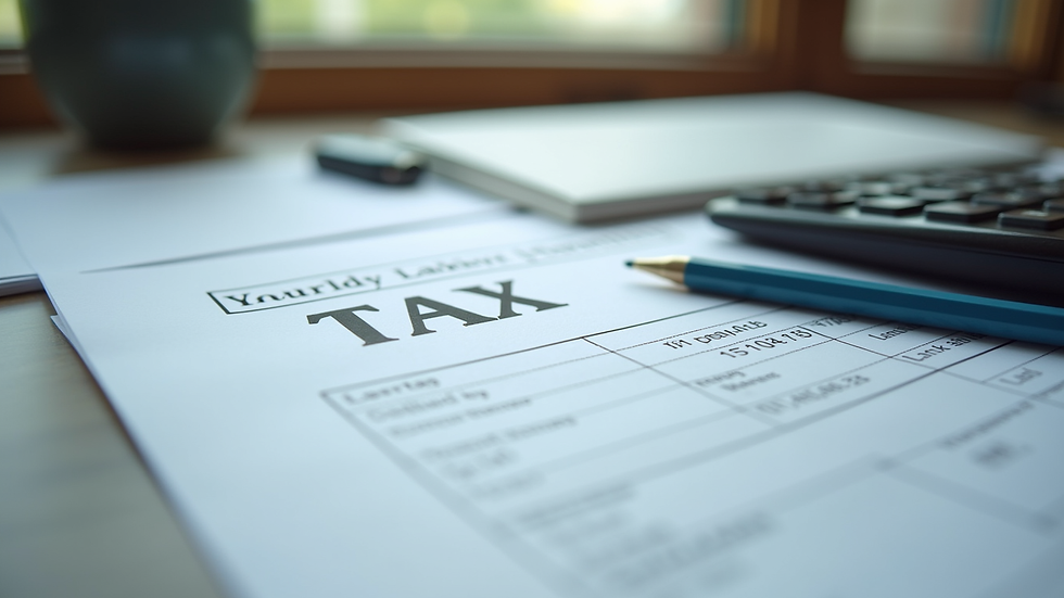 Close-up view of a desk with tax documents and a calculator