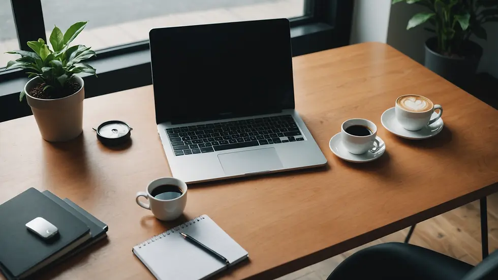 High angle view of a solitary office desk with a laptop and coffee cup