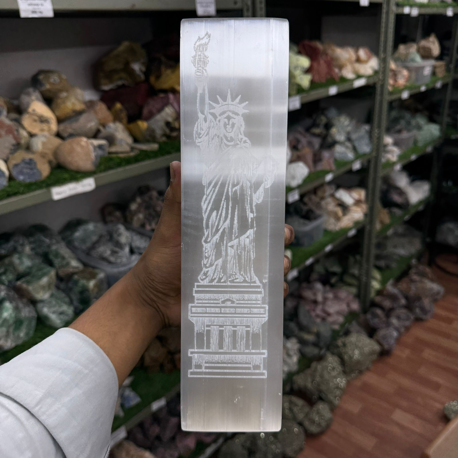 Selenite Lamp (Polished) - Square Carved