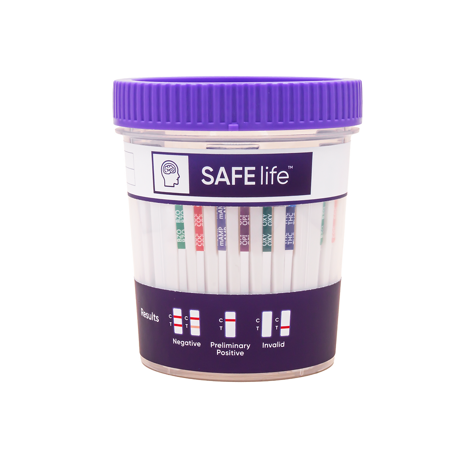 SAFElife urine drug test cup with purple lid, showing result guide for negative, preliminary positive, and invalid on white background