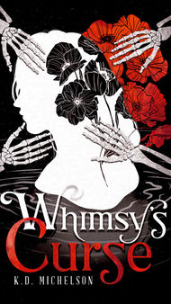 Skeleton hands on a silhouette of a woman with red flowers.