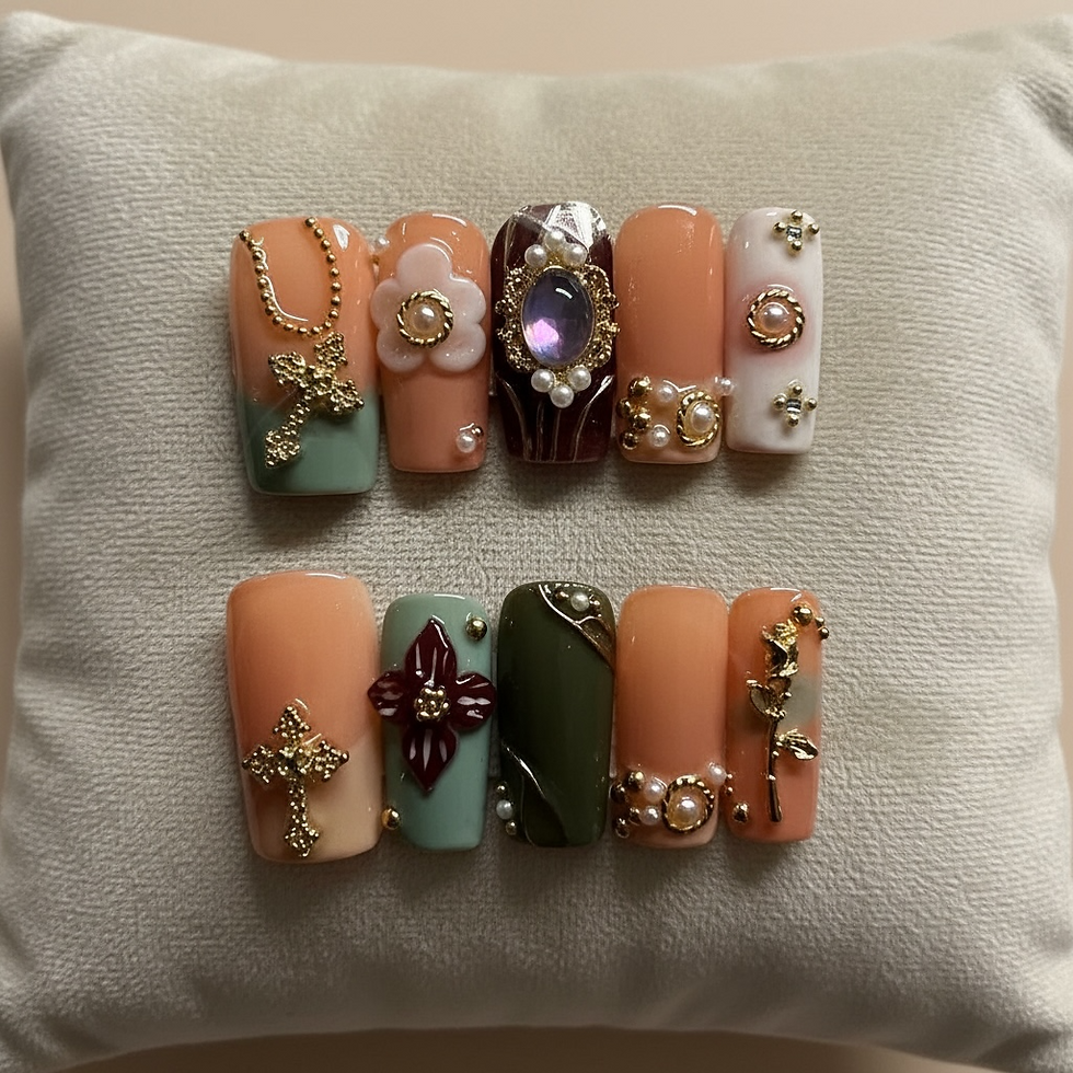 Royal Heirloom press-on nails with jewels and crosses