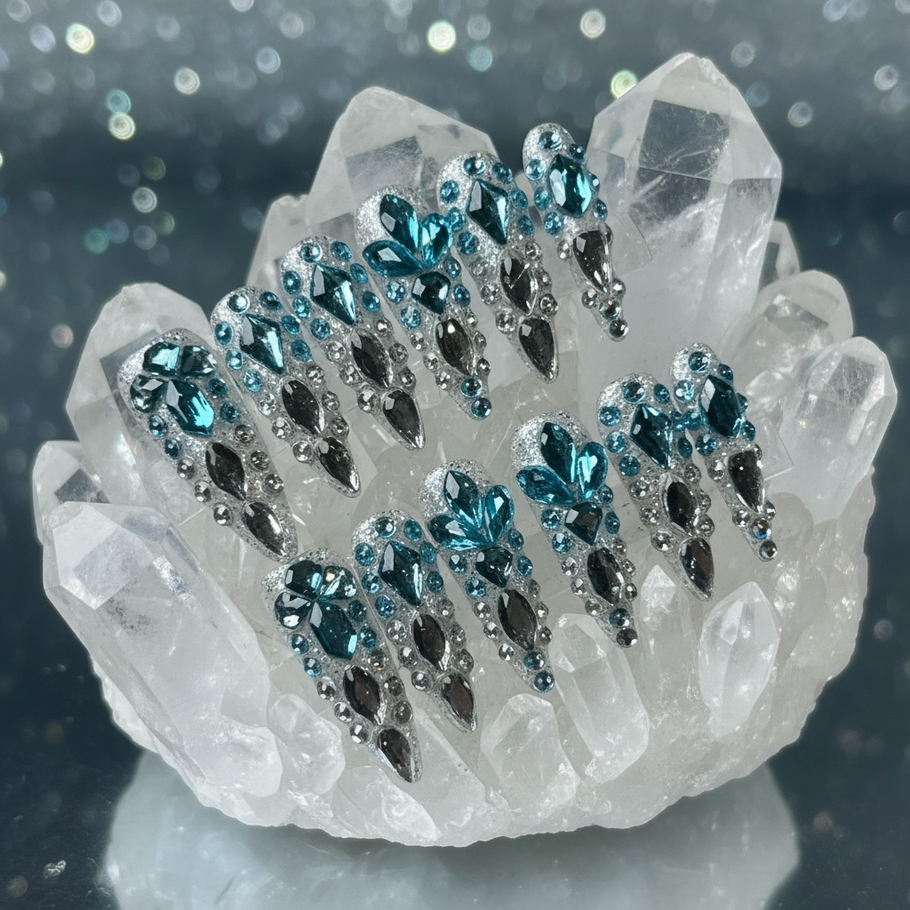 Midnight Ice press-on nails with blue and silver crystals