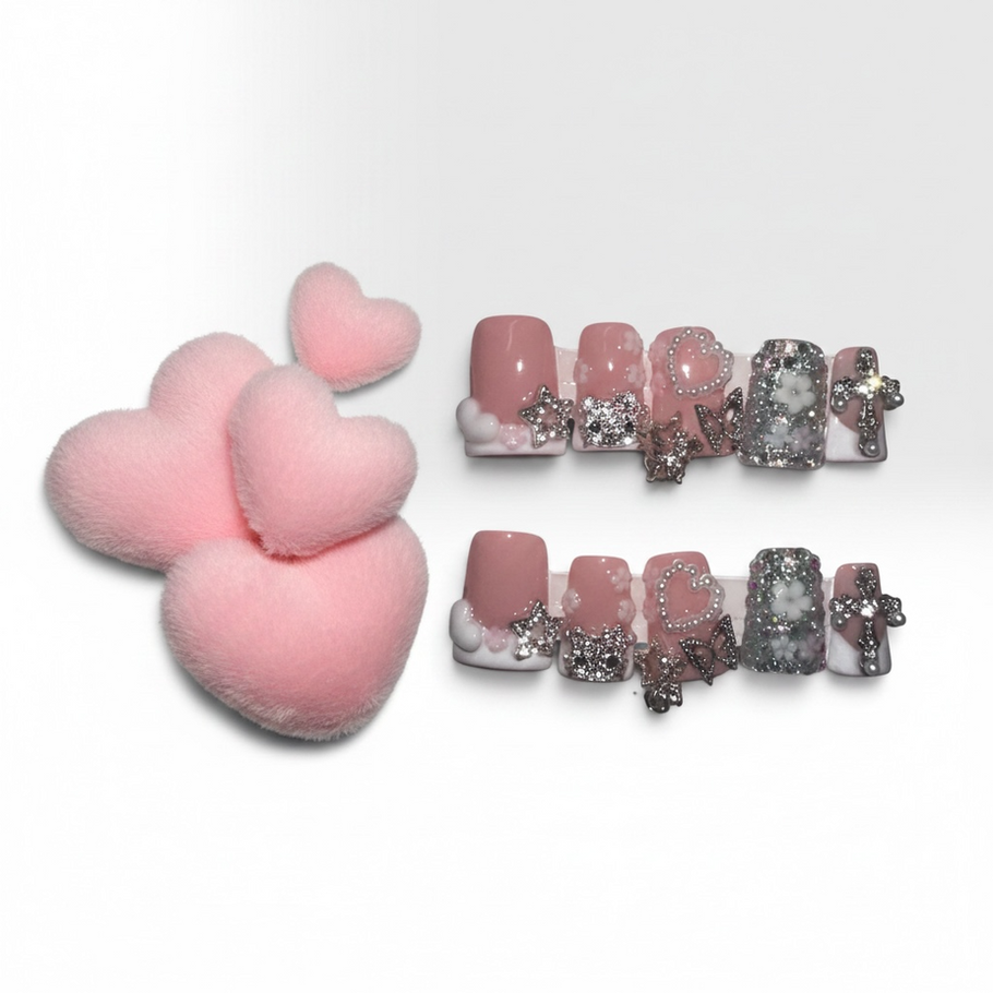 Blush Enchantment press-on nails with 3D charms and hearts