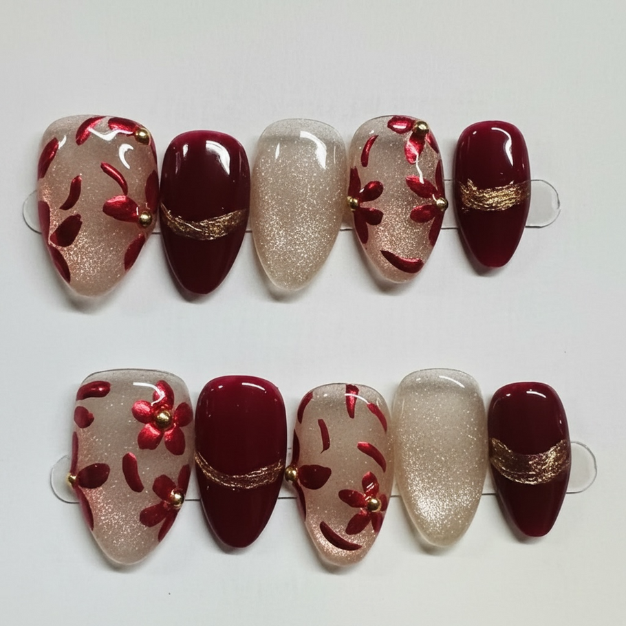 Crimson Petals floral and gold design press-on nails