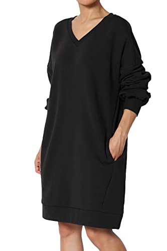TheMogan Women's Casual V-Neck Pocket Loose Fit Fleece Sweatshirt Tunic Black 1X