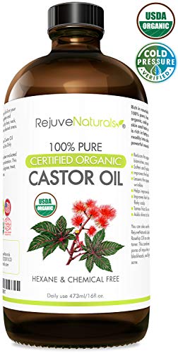 Organic Castor Oil (16oz Glass Bottle) USDA Certified Organic, 100% Pure, Cold Pressed, Hexane Free. Boost Hair Growth for Hair, Eyelashes & Eyebrows. Natural Dry Skin Moisturizer by RejuveNaturals