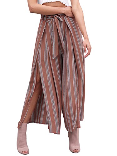 Simplee Women s Elegant Striped Split High Waisted Belted Flowy Wide Leg Pants  Rust Red Stripe  1/7  Medium 8