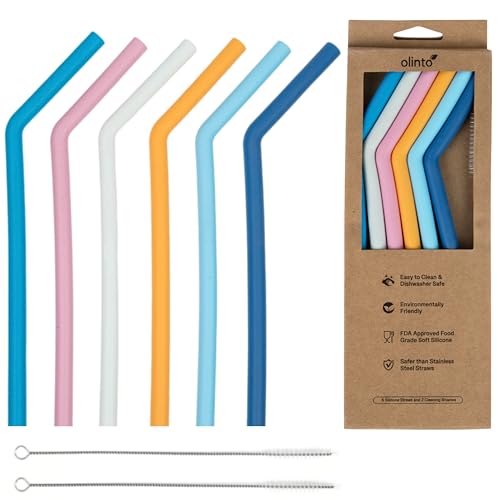 Pack of six reusable silicone straws by Olinto - soft-touch, in six stylish colors, dishwasher-safe, complimentary flexible cleaning brush