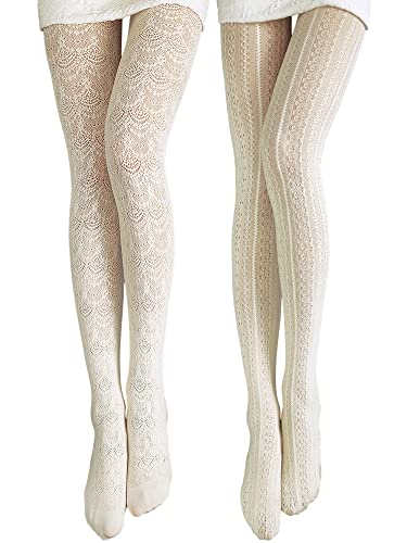 Jiuguva 2 Pieces Hollow out Knitted Patterned Stockings Tights Opaque Vertical Strips Pantyhose Cable Knit White Lace Tights Women White Fishnet Stockings, One Size