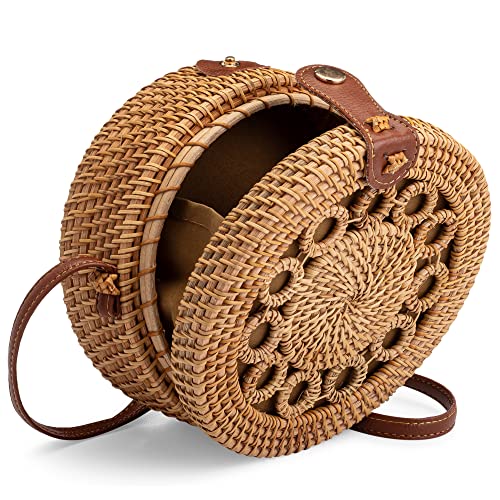 BAGDEPOT Handwoven Round Rattan Purse | Crossbody Wicker Purse for Women with Genuine Leather Straps Perfect for Summer Beach (Sunrise)