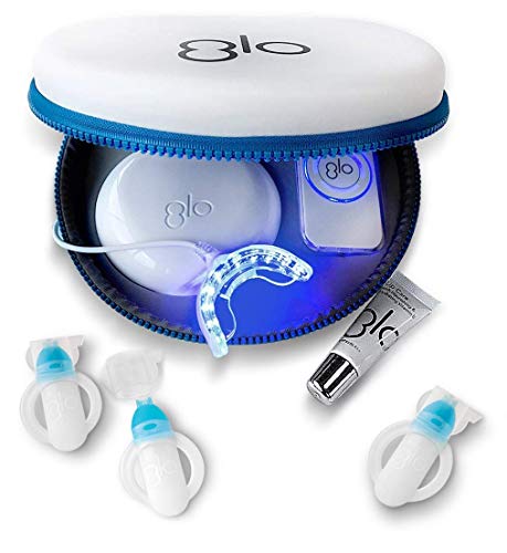 GLO Brilliant Deluxe Teeth Whitening Device Kit with Patented Blue LED Light & Heat Accelerator for Fast, Pain-Free, Long Lasting Results. Clinically Proven. Includes 10 GLO Gel Vials+ Lip Care, WHITE