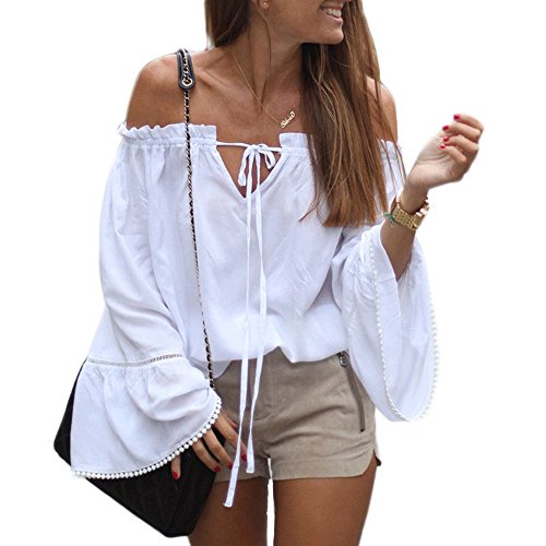 Women's Off Shoulder Top Long Sleeve Strapless Casual Loose Blouse(L)