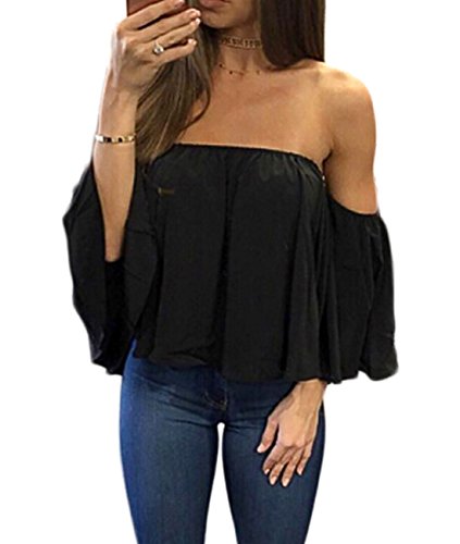Mesitelin Women Chiffon Off Shoulder Blouse Top Shirt Short Sleeve Boho Casual Blouse T Shirt(S,Black)