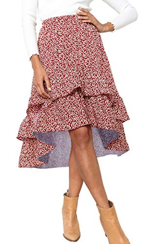 Hibluco Women's Casual High Waist Polka Dot Asymmetrical Ruffles Layers Long Skirt Red