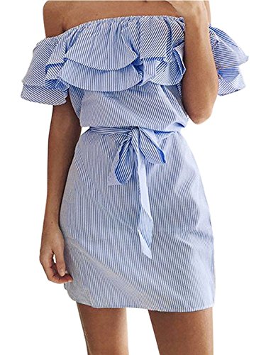 FACE N FACE Women's Casual Off Shoulder Striped Ruffles Strapless Short Dresses Mini Dresses X-Large Light Blue