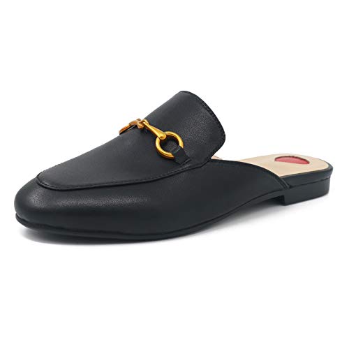 Comfity Mules for Women, Womens Slip On New Metal Decor Mule Flats Embroidery Loafers Backless Slippers Black 7.5 US