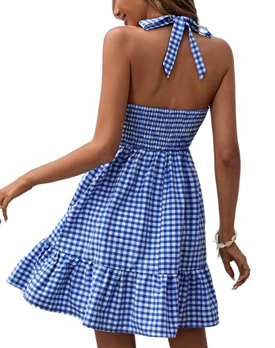Floerns Women's Gingham Print Sleeveless Cut Out Halter Neck Ruffle Hem Dress Blue and White L