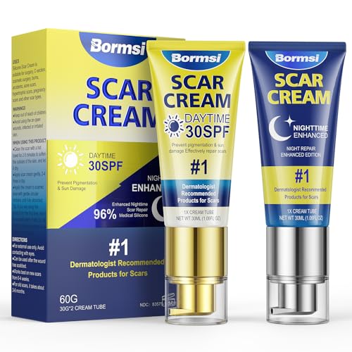 BORMSI Scar Cream,SPF 30 Suncreen & PM Silicone Intensive Overnight Scar Gel Reduces the Appearance of Scars from Surgical Scars,Stretch Marks,Keloid,C-Section, 2 Tube,1.76 oz/Tube