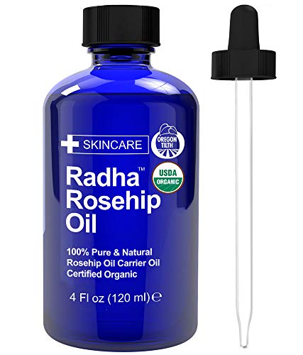Radha Beauty USDA Certified Organic Rosehip Oil, 4 oz. - 100% Pure & Cold Pressed. All Natural Anti-Aging Moisturizing Treatment for Face, Hair, Skin & Nails, Acne Scars, Wrinkles, Dry Spots