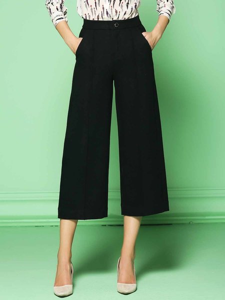 Work Polyester Pockets Plain Wide Leg Pants