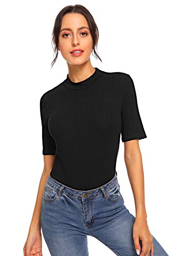 SheIn Women's Mock Neck Half Sleeve Slim Fit Ribbed Knit Tee T-Shirts Small Black