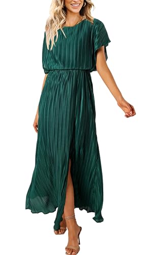 ECOWISH Womens Summer Maxi Dresses: Round Neck Ruffle Hem Swing Beach Midi Dress Spring Sundress Green Small
