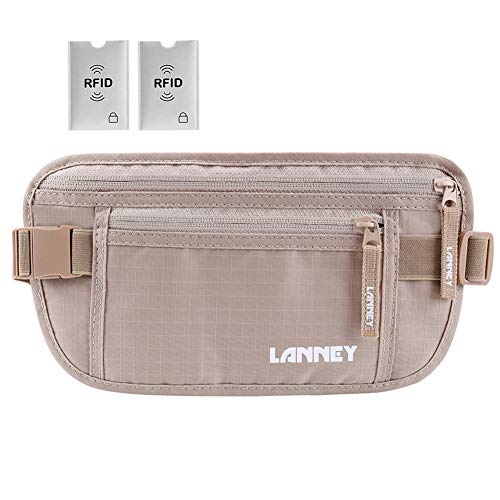 Travel Money Belt Waist Wallet RFID Blocking, Anti-Theft Passport Holder, Hidden Waist Stash for Men Women, Khaki (2 Credit Card RFID Blocking Sleeves Bonus)