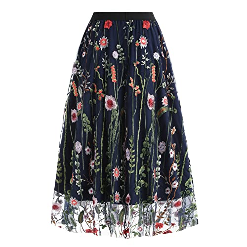 Floral Embroidery Layered Skirt Women's Mesh Skirt Spring Summer High Waist Embroidered Flower Tulle Tutu Skirt A-Line Midi Skirt Mesh Party Skirt 50s Skirts Vintage Embroidery Blue S
