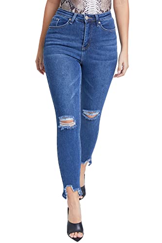 YMI Women's Junior Vintage Dream High Waisted Skinny Distressed Ankle Denim Jeans (Dark wash Denim,13)
