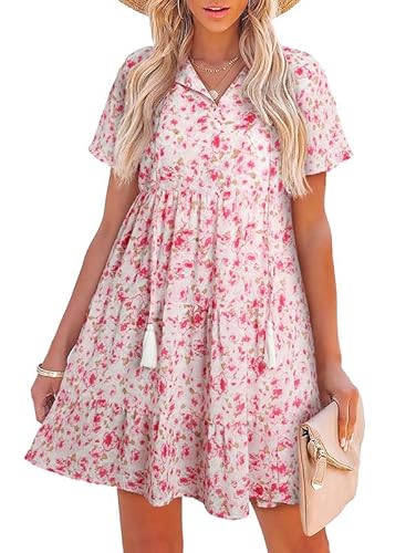 SHEWIN Womens Spring Summer Casual Flowy Boho Floral Mini Dress Trendy V Neck Short Sleeve Ruffle Hem A-Line Bohemian Beach Holiday Dresses for Women 2024,US 8-10(M),Flower Red