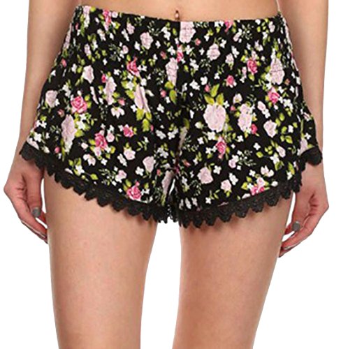 Simplicity Junior's Floral Pattern Lace Summer Beach Shorts Black/Pink/Green L