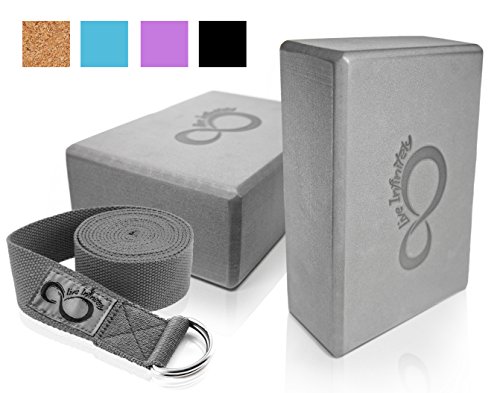 Premium Yoga Blocks & Metal D Ring Strap Yogi Set (3PC) 2 High Density EVA Foam Blocks to Support & Deepen Poses, Improve Strength & Flexibility- Lightweight, Odor & Moisture Resistant (Dark Grey)