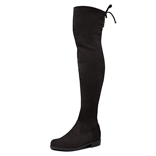 Herstyle Womens Secret Obsession Over The Knee Thigh High Boots Long Stretch Soft Low Block Heel Back Lace Riding Boots, Black, Size 10.0