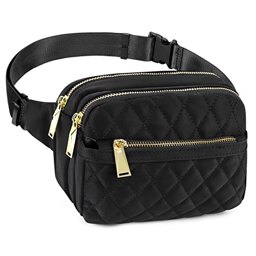 ZORFIN Fanny Packs for Women Men, Belt Bag with 4 Zipper Pockets, Fashion Crossbody Bags, Large Capacity Waist Packs with Adjustable Strap for Workout/Running/Hiking (Quilted Black)