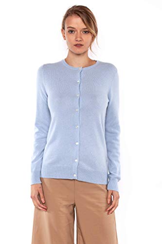 JENNIE LIU Women's 100% Cashmere Button Front Long Sleeve Crewneck Cardigan Sweater (M, Sky)