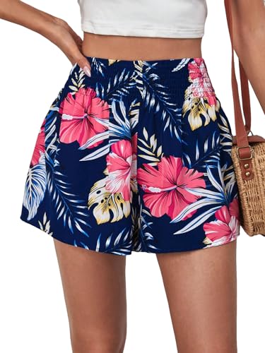 Floerns Women's Summer Tribal Print Elastic Waist Beach Shorts Deep Blue Tropical Medium