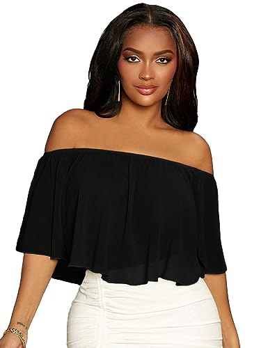 Verdusa Women's Ruffle Off Shoulder Half Sleeve Loose Blouse Crop Top Black S