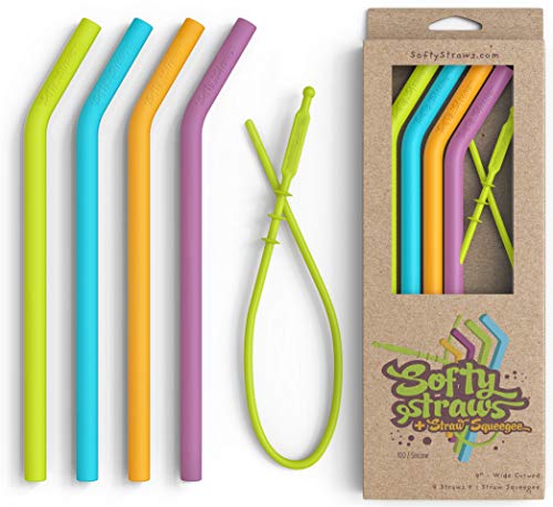 Softy Straws Reusable Silicone Drinking Straws - Big Size with Curved Bend for Tumblers Made from no-BPA No-Rubber Silicon - Flexible, Collapsible, Chewy, Bendy, Safe for Kids/Toddlers