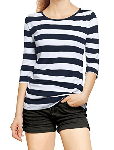 Allegra K Elbow Sleeves Boat Neck Stripe Pattern T-Shirt S Dark Blue White