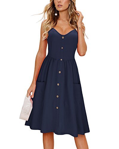 KILIG Women's Summer Dress Spaghetti Strap Button Down Sundress with Pockets(Navy,L)