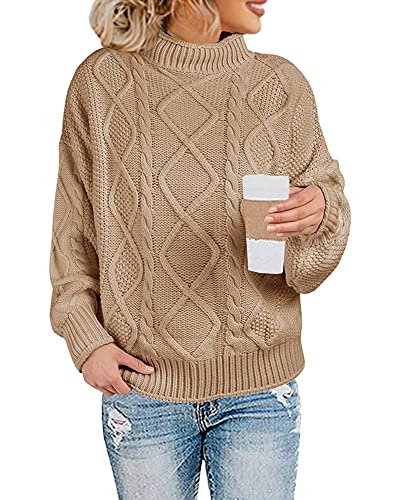 Womens Turtleneck Oversized Pullover Sweaters Cable Knit Batwing Long Sleeve Loose Fit Chunky Jumper Tops Khaki