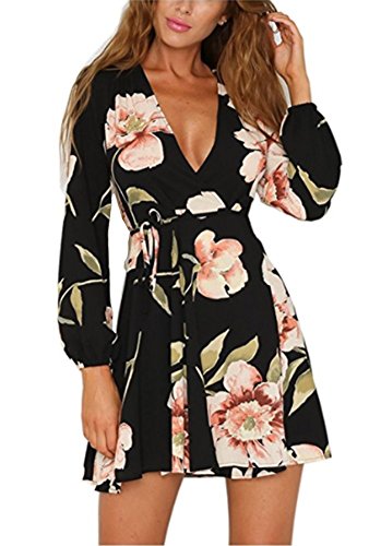 Vaniglia Women Floral Print Sleeve Sexy Deep V-Neck Tunic Top Casual Mini Dress(S-01-Heidi