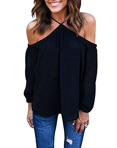 Vemvan Women's Spaghetti Halter Off The Shoulder Blouse Long Sleeve Shirt Tops Black
