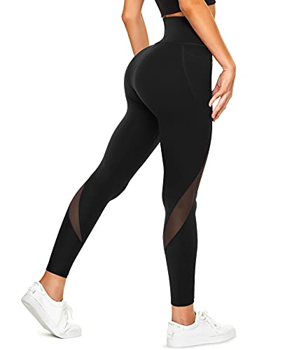 TrainingGirl Mesh Leggings for Women High Waisted Yoga Pants Workout Running Printed Leggings Gym Sports Tights with Pockets (Black, Small)