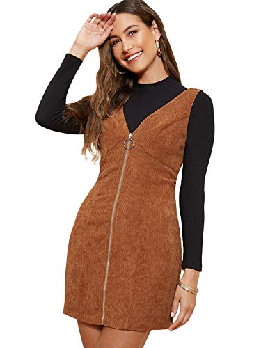 Floerns Women's Sleeveless Zip Up Corduroy Pinafore Overall Dress Brown L