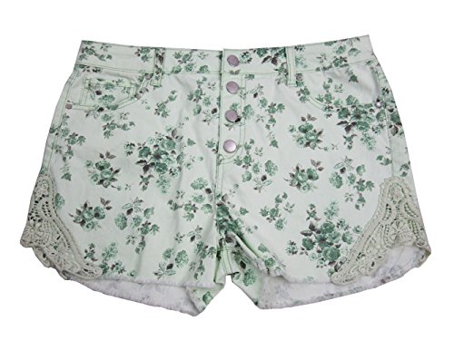 Tinseltown Juniors' High-Waisted Floral-Print Cutoff Denim Shorts (13, Mint)