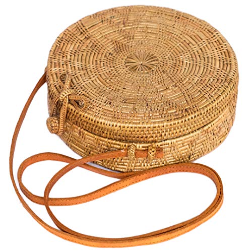 Bali Harvest Round Woven Ata Rattan Bag Linen Inside with Bow Clasp and Flower Pattern (with Genuine Leather Strap)