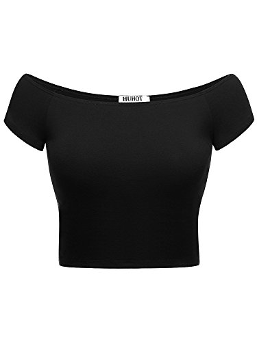 HUHOT Womens Basic Short Sleeve Off-Shoulder Short Cami Crop Tank Top Small Black
